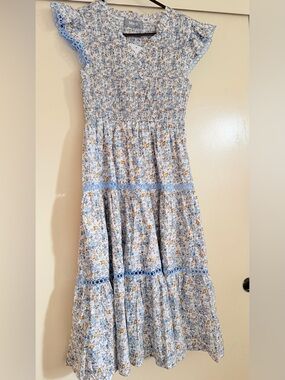 Smocked Floral Midi Dress with Lace Trim - Light Blue & Yellow